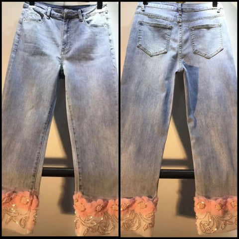 Women Fashion Beaded Floral Patchwork Denim Pants