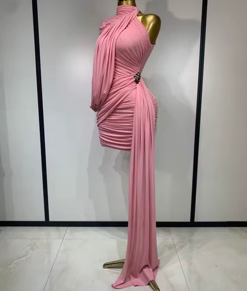 Women Sexy Pink Sleeveless Draped Dress