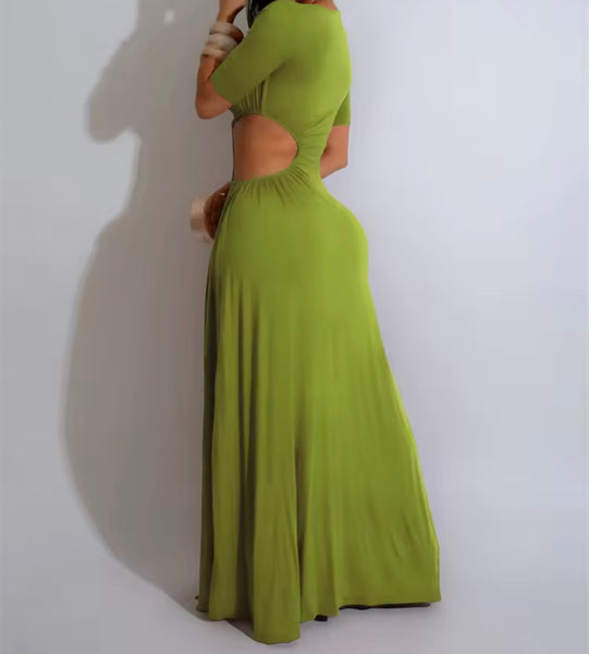 Women Sexy Solid Color Short Sleeve Cut Out Side Split Maxi Dress