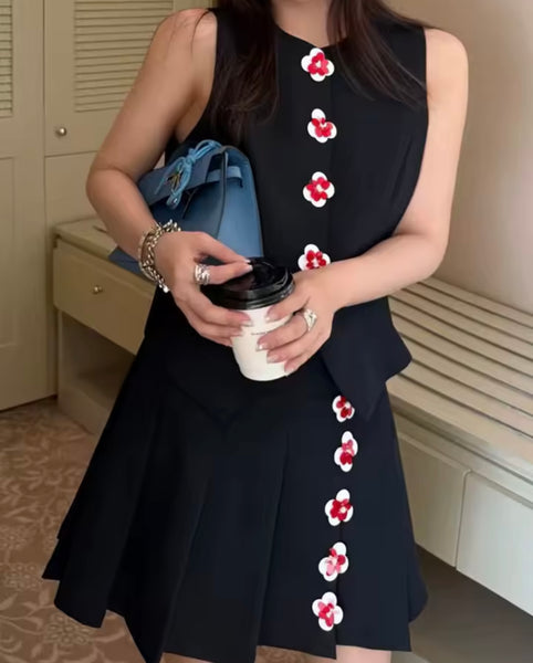 Women Sleeveless Floral Button Up Two Piece Pleated Skirt Set