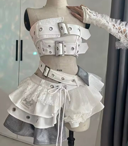 Women Sleeveless Buckled Ruffle Color Patchwork Two Piece Skirt Set