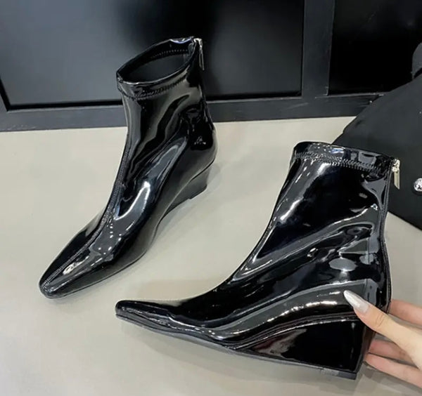 Women Fashion Patent Leather Wedge Platform Ankle Boots