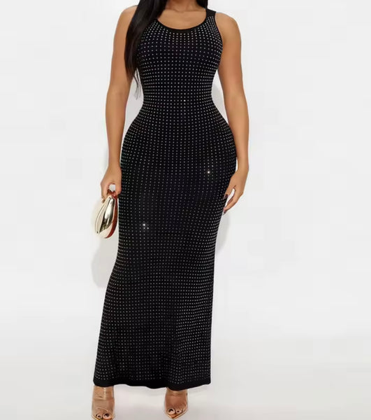 Women Sexy Sleeveless Bling Solid Color Maxi Dress