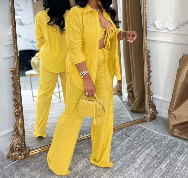 Women Color Sexy Full Sleeve Three Piece Pant Set