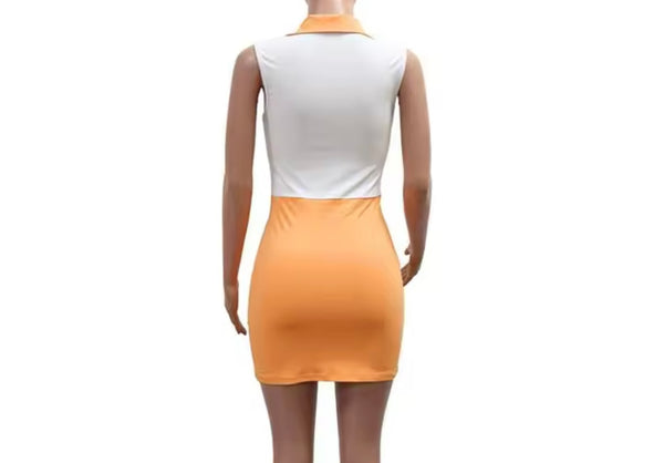 Women Sexy Collar Sleeveless Color Patchwork Dress