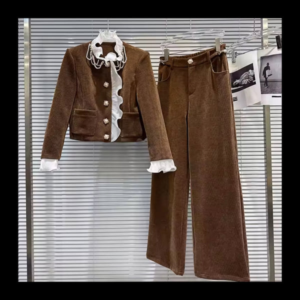 Women Lace Patchwork Brown Corduroy Blazer Two Piece Pant Set