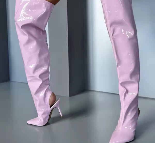 Women Pink PU Leather Fashion High Heel Over The Knee Boots