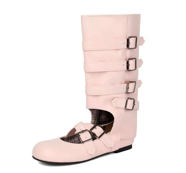 Women Fashion Mary Jane Buckled Mid-Calf Flat Boots