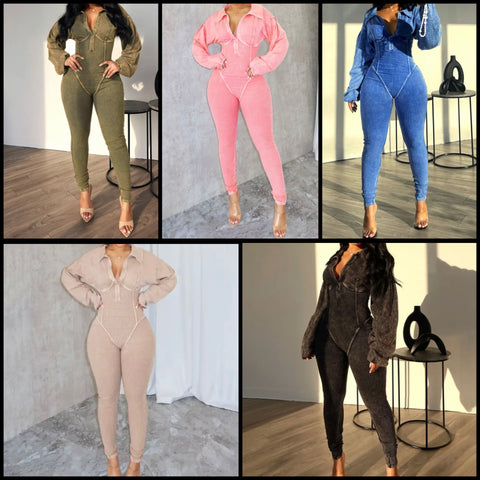 Women Solid Color Fashion Front Zipper Full Sleeve Jumpsuit