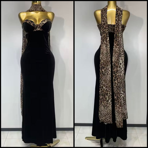 Women Sexy Strapless Black Leopard Patchwork Velvet Maxi Dress