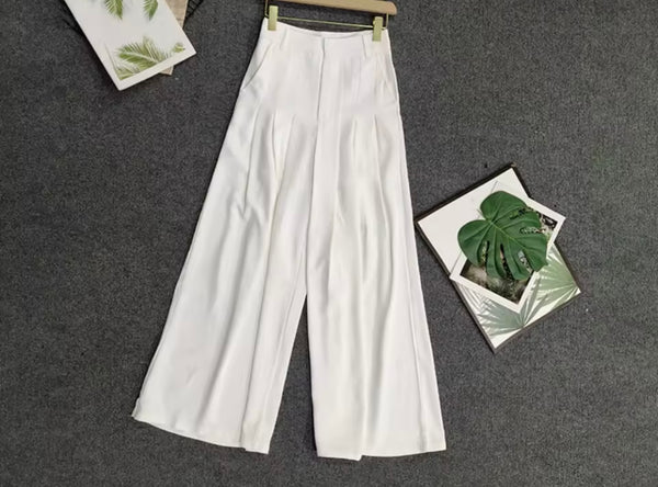 Women White Sleeveless Crop Two Piece Wide Leg Pant Set