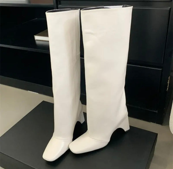 Women Fashion Square Toe Faux Leather Knee High Boots
