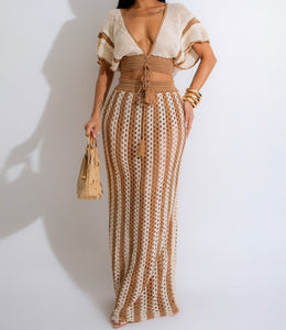 Women Sexy Color Patchwork Short Sleeve Knitted Two Piece Maxi Skirt Set