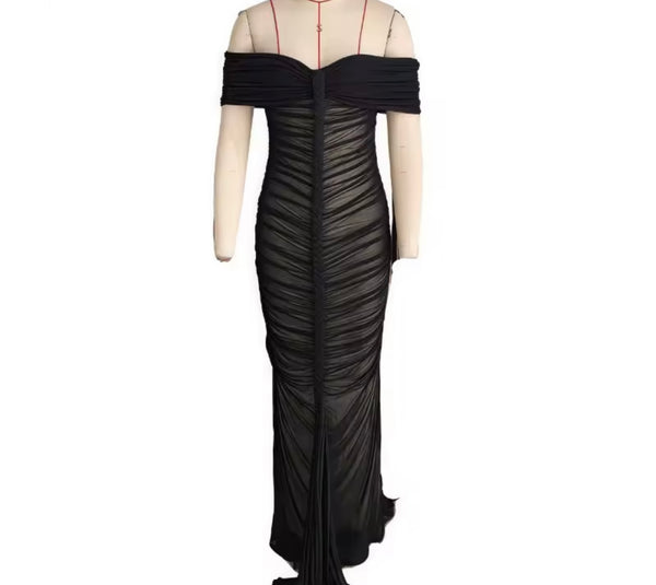 Women Sexy Off The Shoulder Color Mesh Ruched Maxi Dress