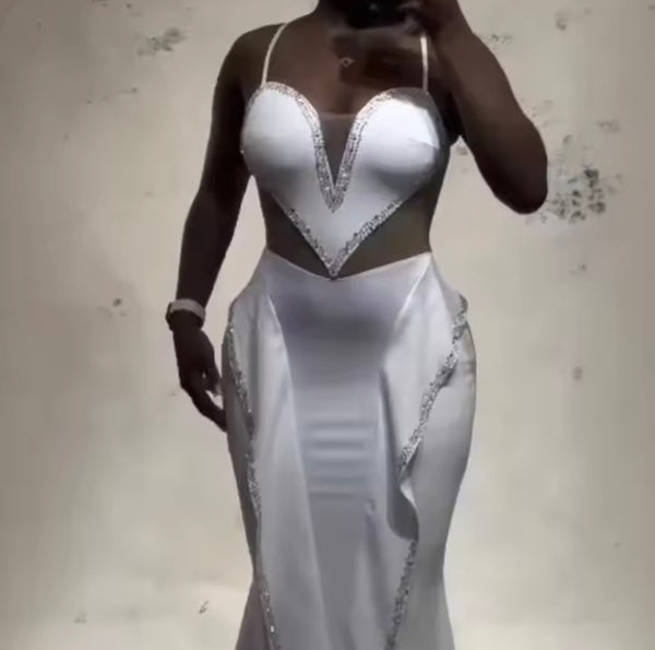 Women White Sexy Sleeveless Bling Heart Maxi Dress