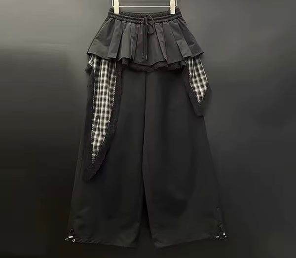 Women Fashion Ruffled Plaid Patchwork Wide Leg Pants