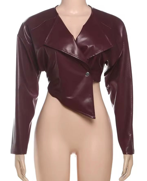 Women Fashion Burgundy PU Leather Button Crop Jacket