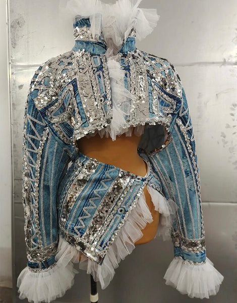 Women Fashion Tulle Sequins Patchwork Denim Two Piece Jacket Skirt Set