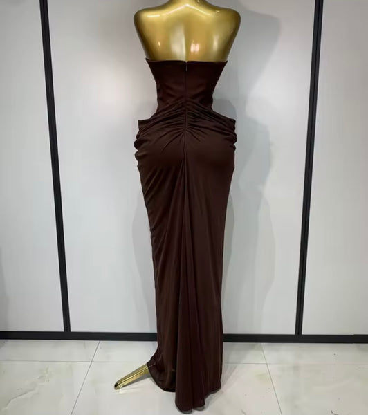 Women Sexy Strapless Ruched Maxi Dress