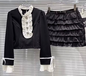 Women Fashion Ruffled Button Full Sleeve Two Piece Skirt Set