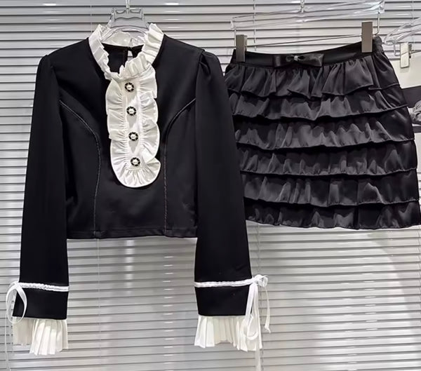 Women Fashion Ruffled Button Full Sleeve Two Piece Skirt Set
