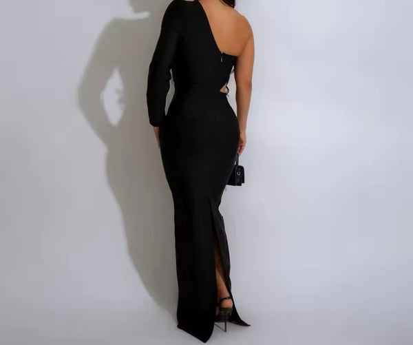 Women Black Sexy Floral Cut Out One Shoulder Maxi Dress