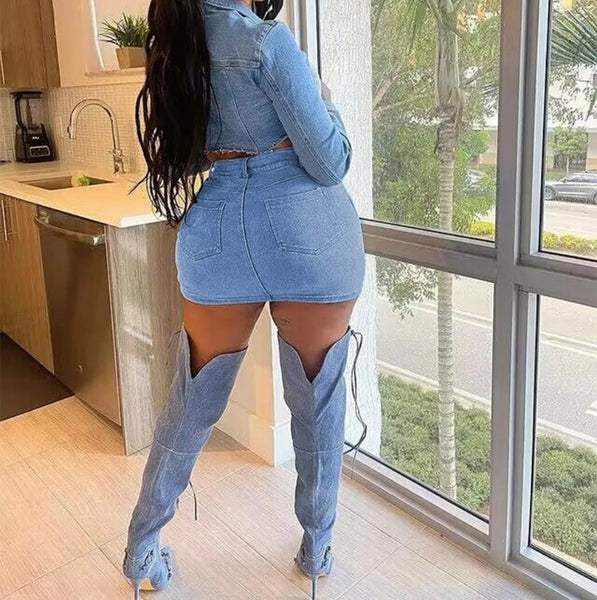 Women Fashion Two Piece Full Sleeve Crop Denim Skirt Set