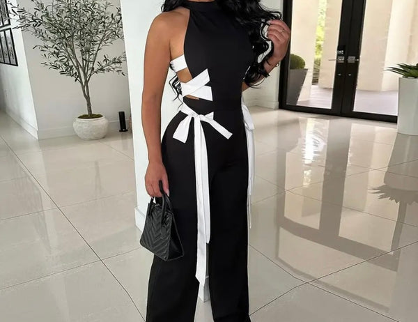 Women Black Sleeveless Sexy Side Tie Up Jumpsuit