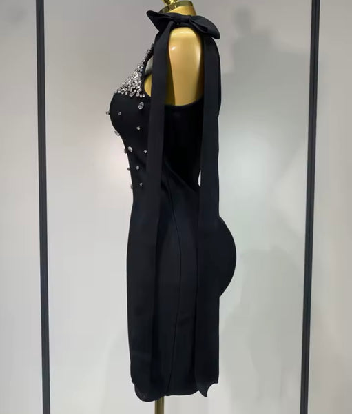 Women Sexy Black Tie Up Sleeveless Rhinestone Dress