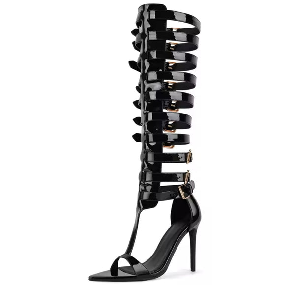 Women Fashion Black Open Toe Buckled Knee High Sandals