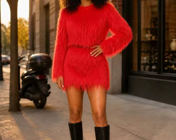 Women Sexy Faux Fur Full Sleeve Two Piece Skirt Set