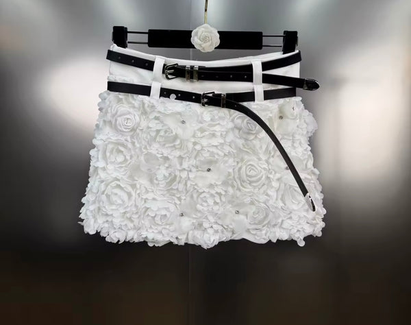 Women Sexy Fashion White 3D Floral Double Belt Skirt