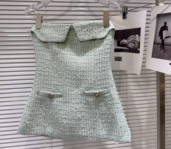 Women Color Strapless Tweed Two Piece Short Set