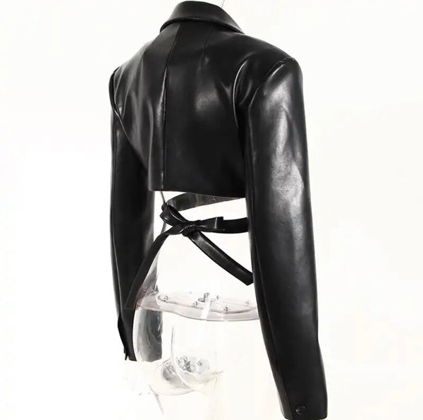 Women Black Fashion Faux Leather Criss Cross Crop Jacket