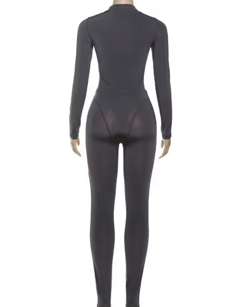 Women Gray See Through Full Sleeve Bodysuit Two Piece Pant Set