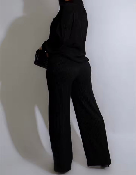 Women Button Up Ribbed Full Sleeve Two Piece Pant Set