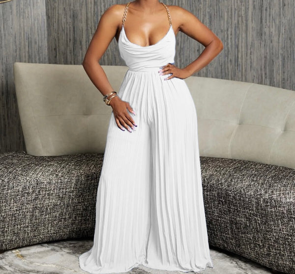 Women Sexy Chain Sleeveless Open Back Pleated Wide Leg Jumpsuit