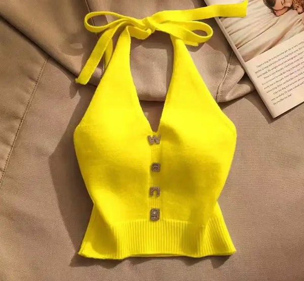 Women Fashion Sleeveless Halter Bling Letter Print Crop Top