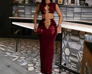 Women Sexy Sleeveless Cut Out Crop Metallic Two Piece Maxi Skirt Set