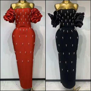 Women Sexy Strapless Pearl Patchwork Maxi Dress