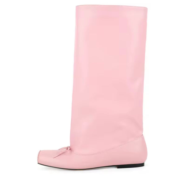 Women Pink Square Toe Bow Fashion Flat Knee High Boots