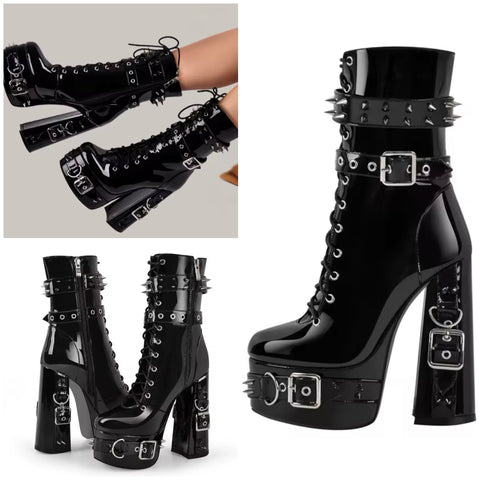 Women Black Fashion Patent Leather Platform Buckled Spiked Ankle Boots