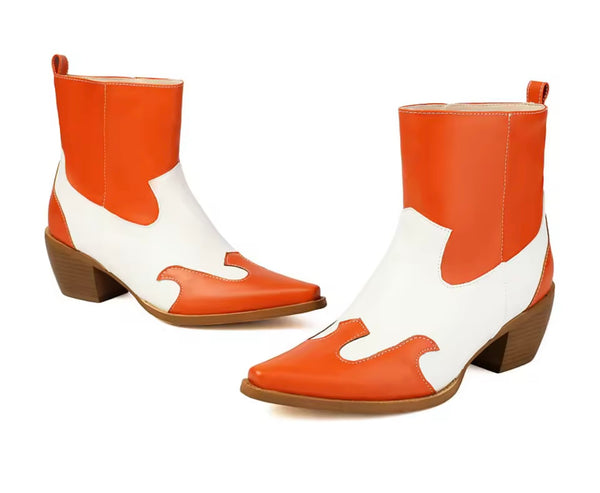 Women Color Patchwork Fashion Faux Leather Western Ankle Boots