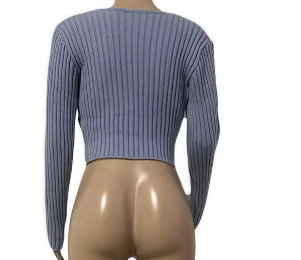 Women Pearl Button Up Ribbed Full Sleeve Fashion Crop Top
