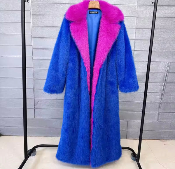 Women Color Patchwork Fashion Faux Fur Long Jacket