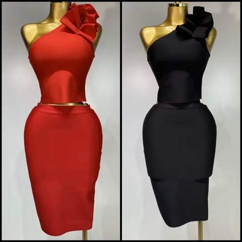 Women Sexy Ruffled One Shoulder Sleeveless Two Piece Skirt Set