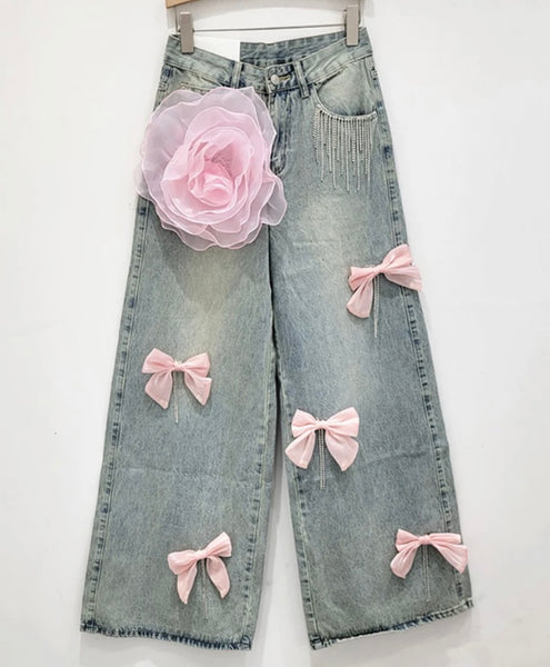 Women Fashion Pink Floral Bow Tassel Denim Pants