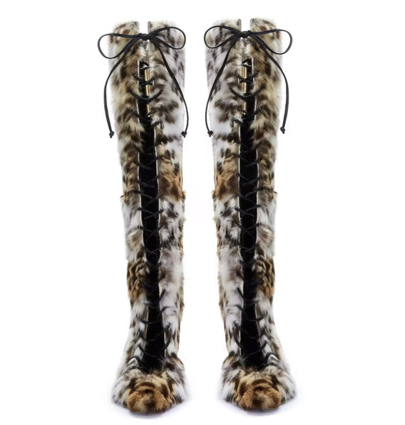 Women Fashion Animal Print Faux Fur Lace Up Knee High Boots