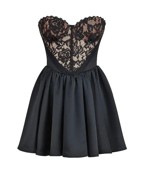 Women Sexy Black Strapless Lace Patchwork Pleated Dress