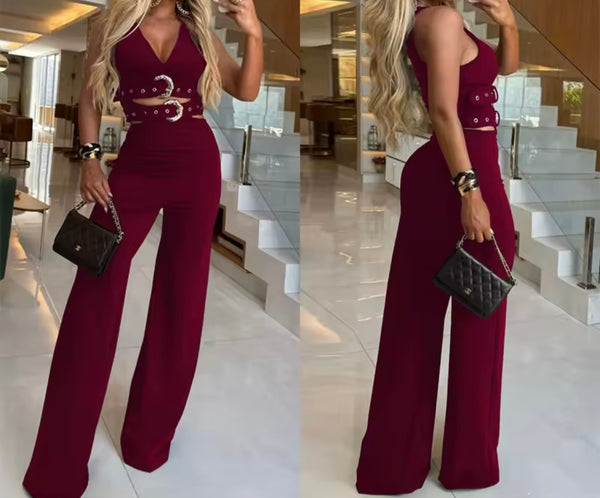 Women Sleeveless Buckled Crop Two Piece Fashion Pant Set